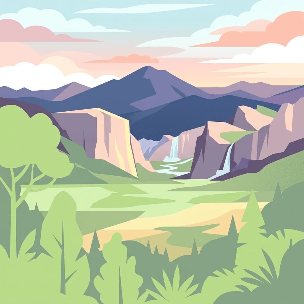 Ilustración estilizada que muestra montañas, cascadas y un paisaje verde
