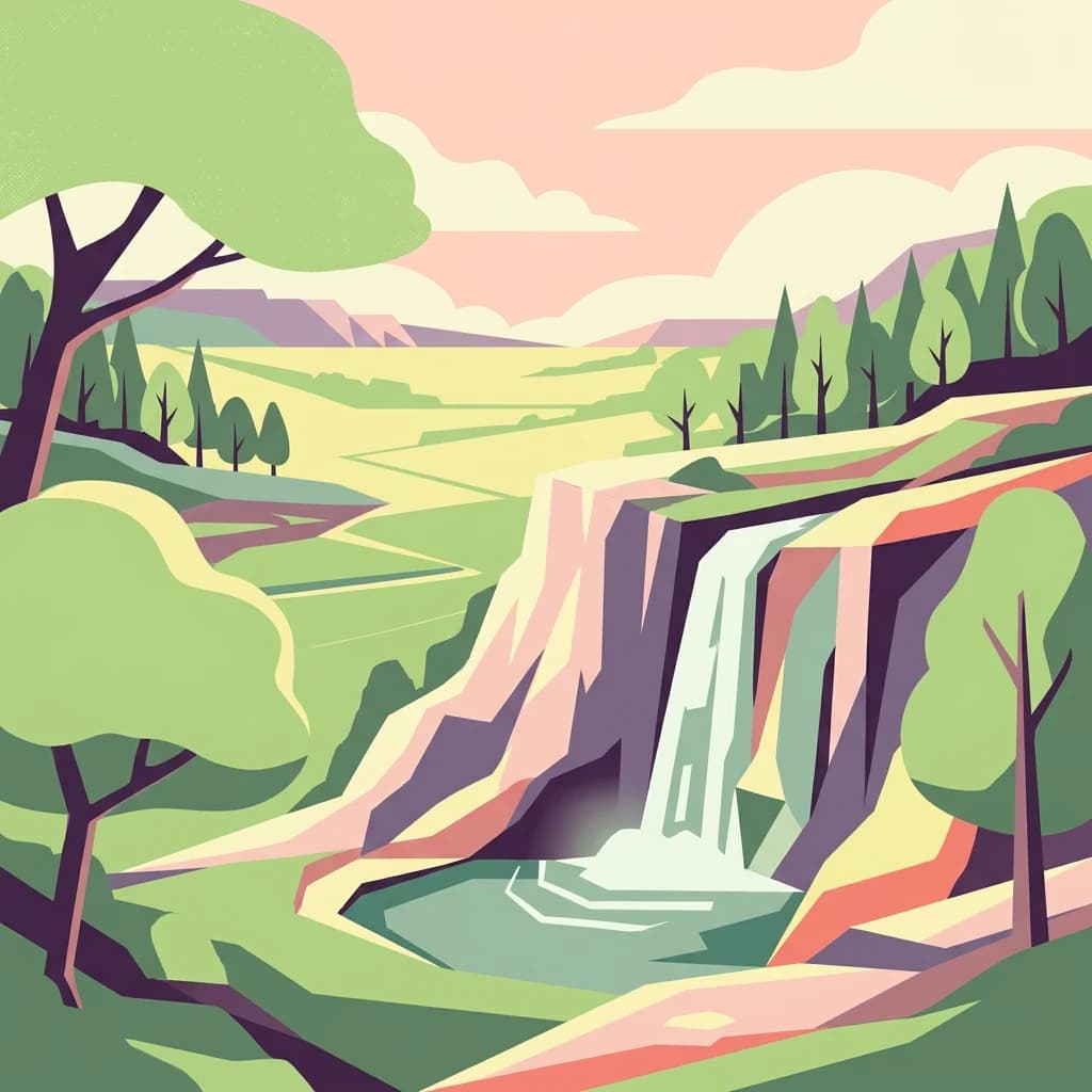 Stylized illustration of a waterfall surrounded by green trees and rocky cliffs with a valley in the background
