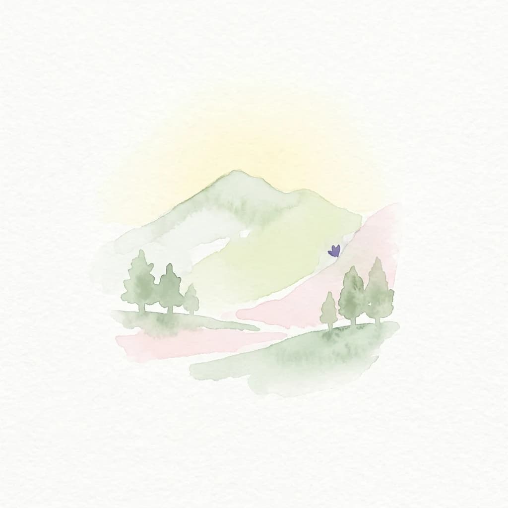 Watercolor illustration of a mountain landscape with green trees, pink and yellow hills, and a small purple bird
