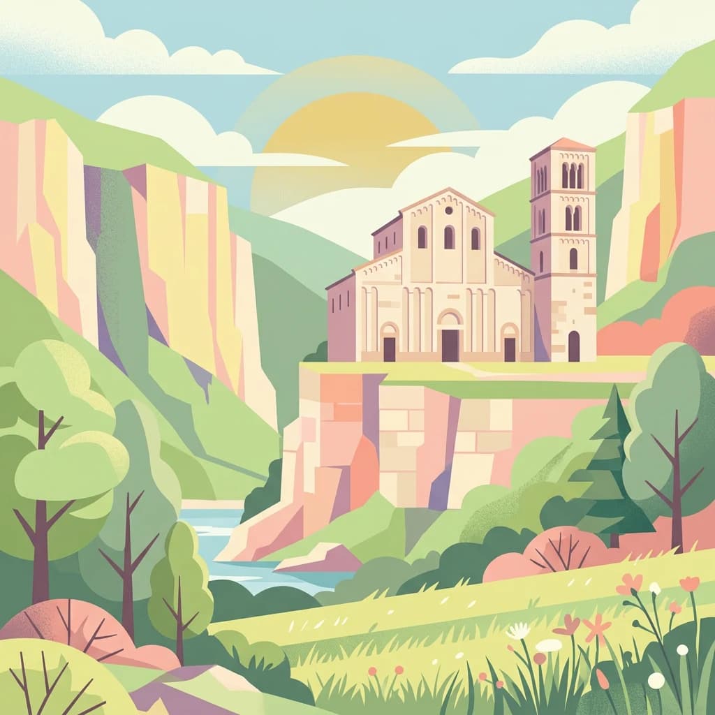 A stylized illustration showing a large stone abbey perched on a cliff with a river below, surrounded by green hills and trees, with mountains in the background