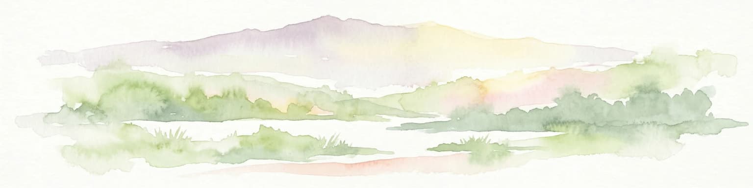 Watercolor painting showing mountains, forests, and a body of water in a scenic landscape