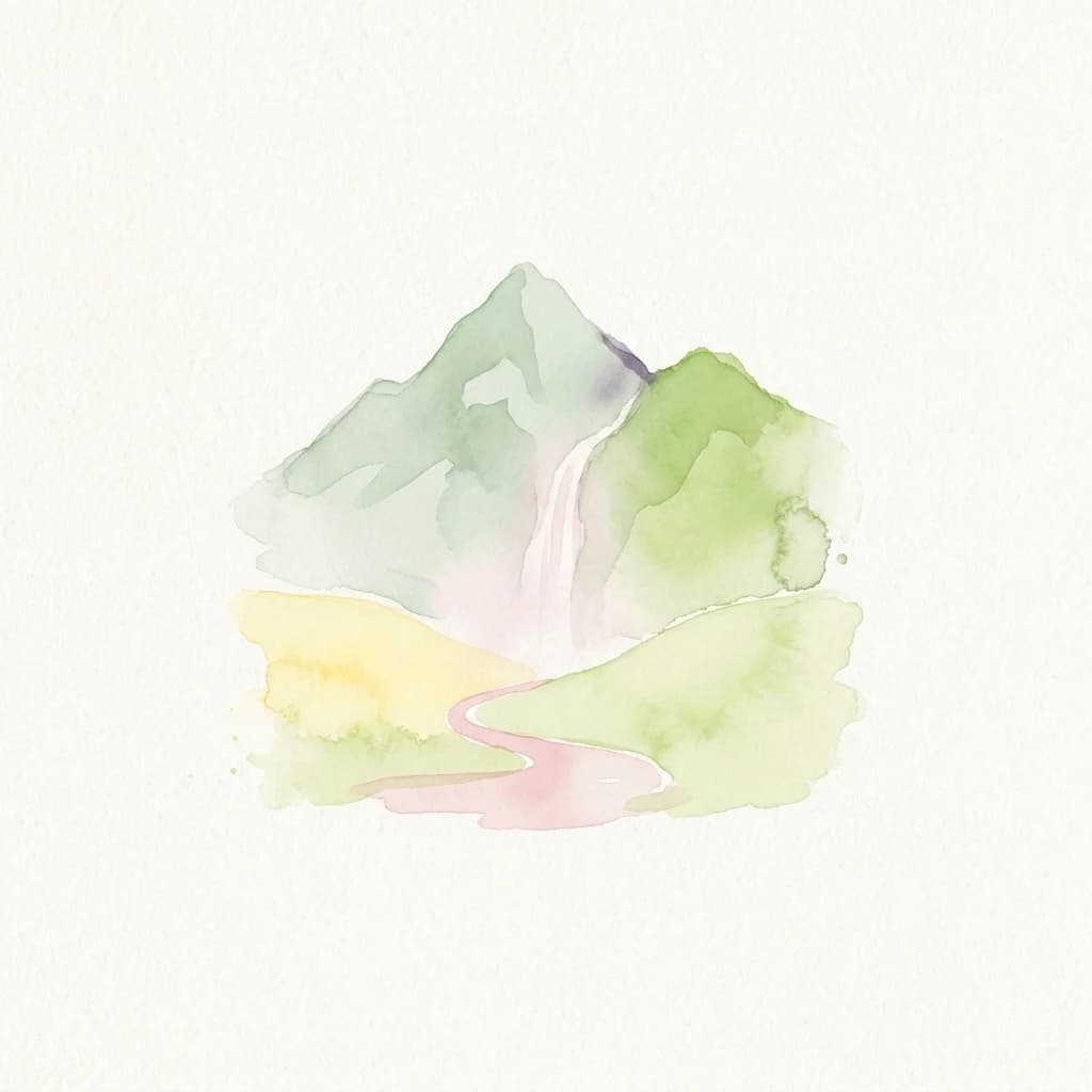 Watercolor illustration of a mountain with a waterfall and green hills