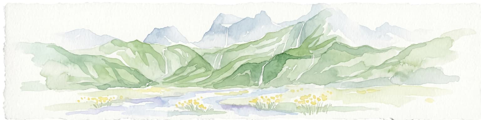Ilustración acuarela de paisaje montañoso con laderas verdes y picos azules, mostrando un valle con flores amarillas en primer plano
