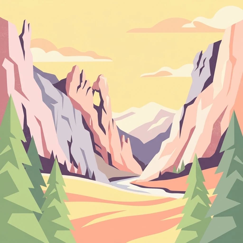 Stylized illustration showing a mountain valley with rocky cliffs, pine trees, a stream, and distant snow-capped peaks under a yellow sky with clouds