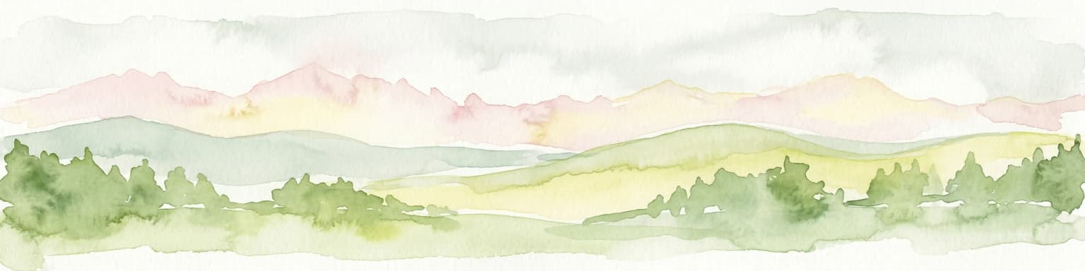 Watercolor painting showing layered mountains and green forests