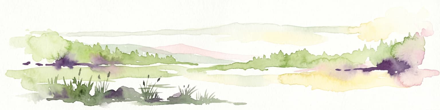 Una pintura abstracta en acuarela que muestra un paisaje horizontal con un primer plano herboso y colinas onduladas a lo lejos en tonos suaves de verde, amarillo y púrpura.