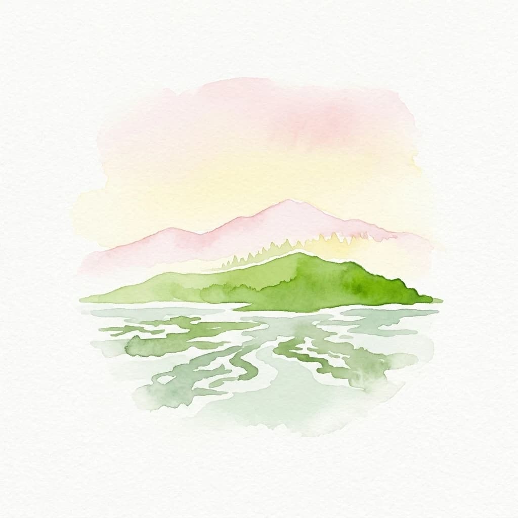 Watercolor painting of a coastal landscape with green landmass in water and pink mountains in background