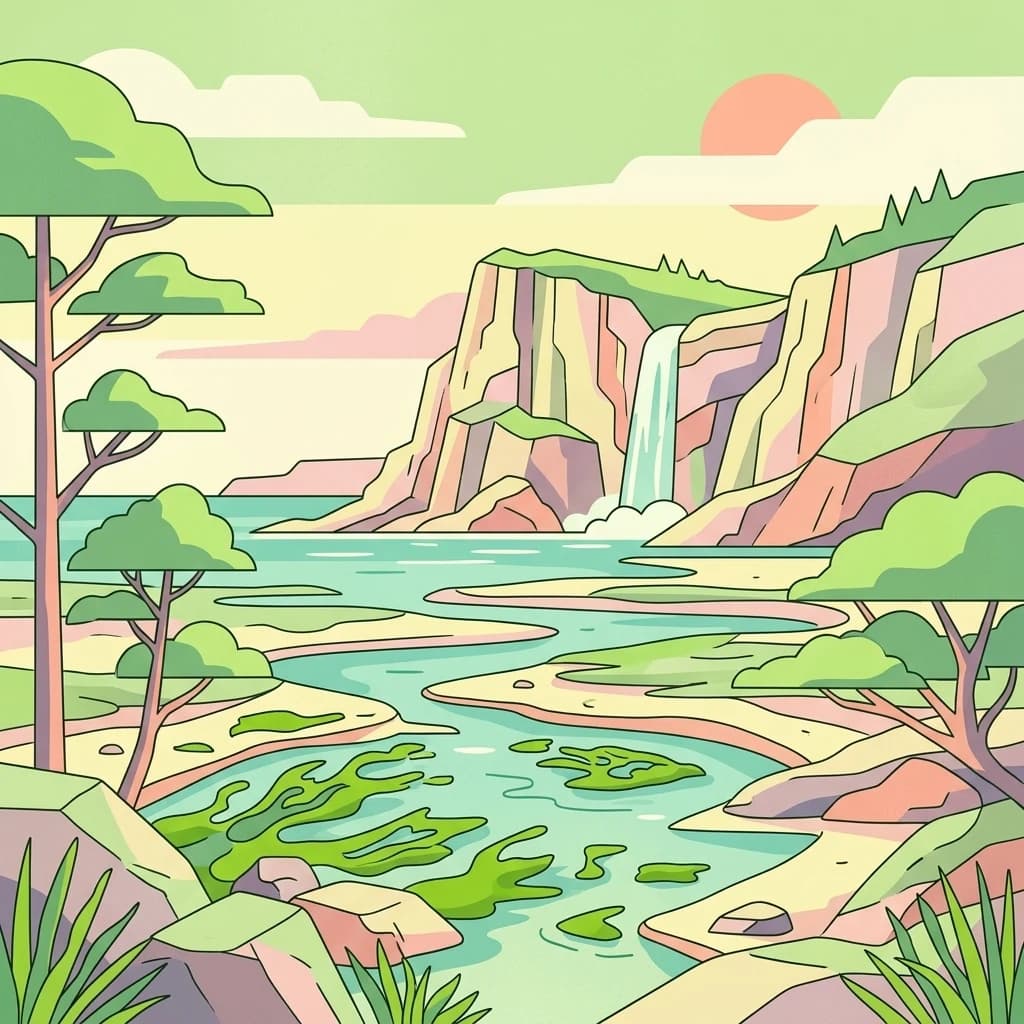 Illustration of a coastal landscape with cliffs, waterfall, and sunset