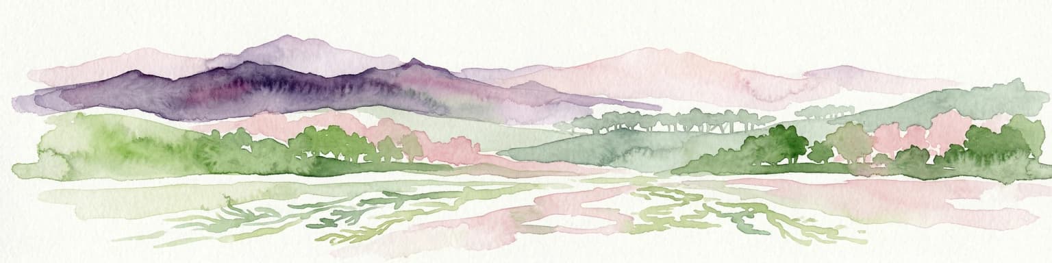Watercolor painting showing a landscape with mountains in the background, green hills in the midground, and water or wetland in the foreground