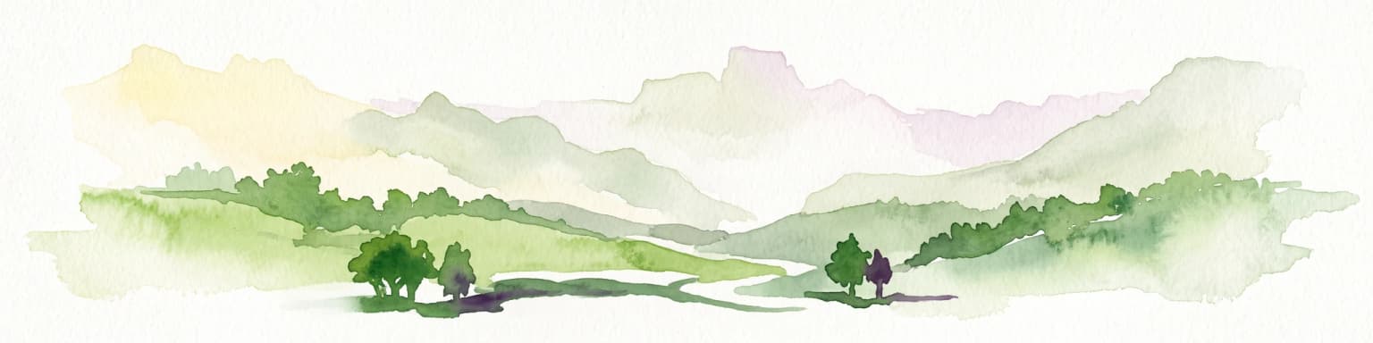 Una ilustración en acuarela con suaves colinas verdes en primer plano y picos montañosos pálidos y escalonados al fondo, sobre un campo blanco liso.
