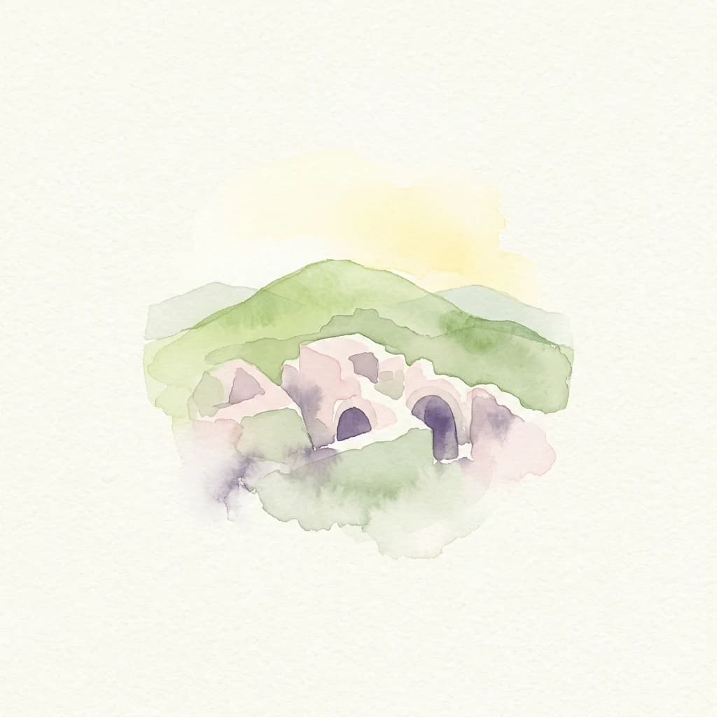 Ilustración en acuarela de antiguas estructuras de piedra con entradas arqueadas en una ladera verde bajo un cielo amarillo