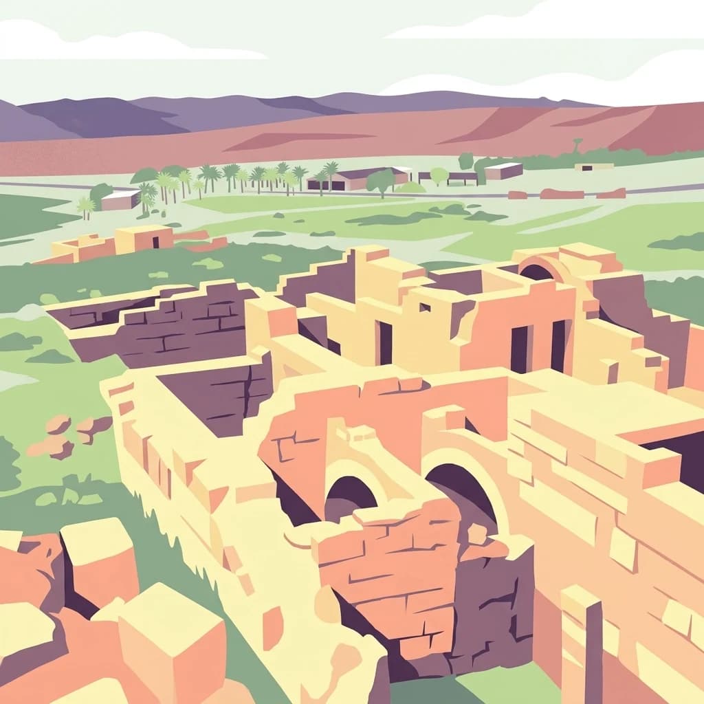 Ilustración de ruinas de piedra antiguas en un paisaje desértico con colinas distantes y campos verdes