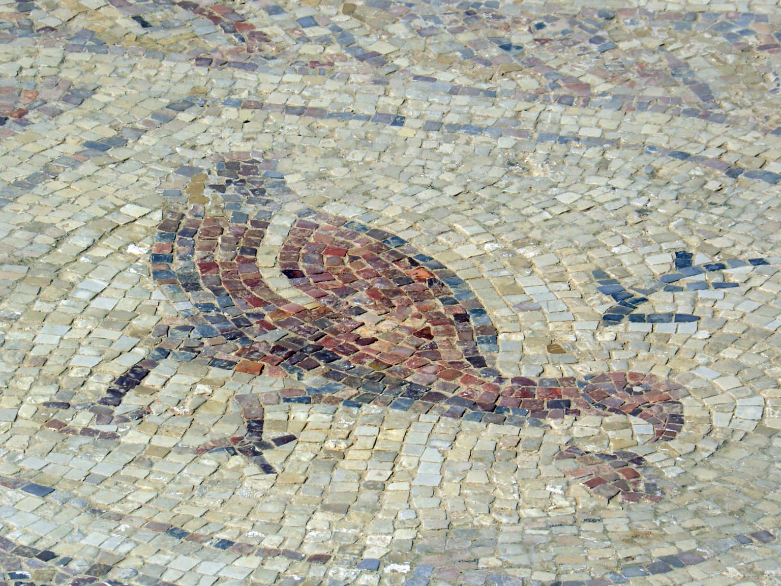 Vista detallada de un suelo de mosaico con un diseño de pájaro y patrones geométricos, Parque Nacional de Mamshit.