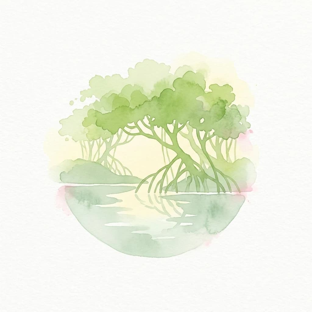 Ilustración de acuarela que muestra árboles de mangle con raíces expuestas en el agua y su reflejo