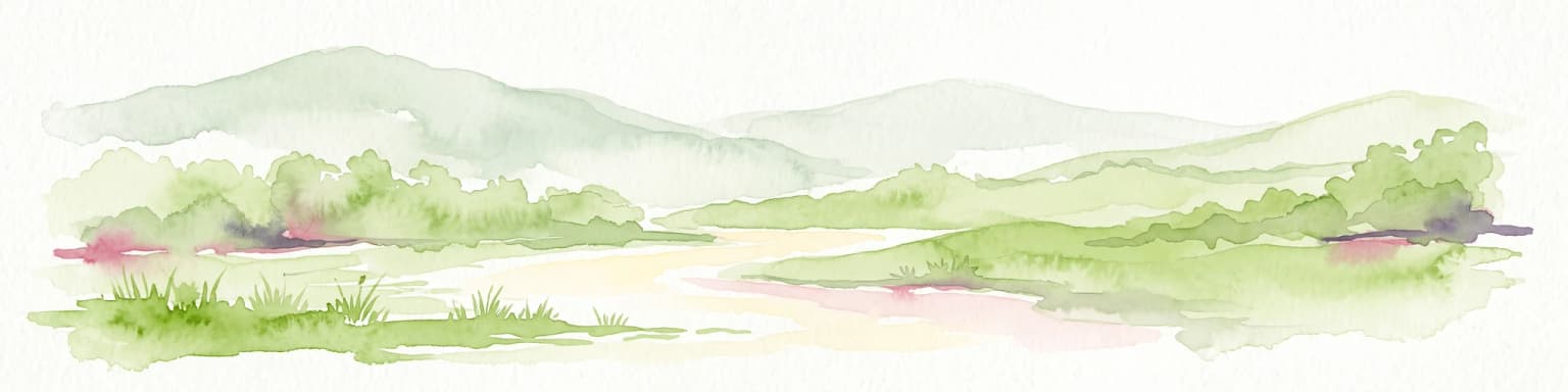 Una pintura minimalista en acuarela que representa un paisaje verde suave con colinas onduladas al fondo y un primer plano herboso y plano.