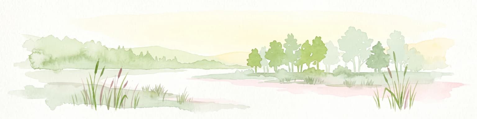 Una pintura horizontal en acuarela de un estanque sereno rodeado de vegetación pantanosa y pequeños grupos de árboles bajo un cielo suave y luminoso.