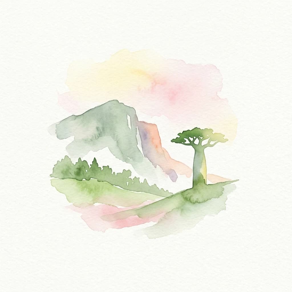 Ilustración en acuarela que muestra un árbol, colinas y un cielo pastel