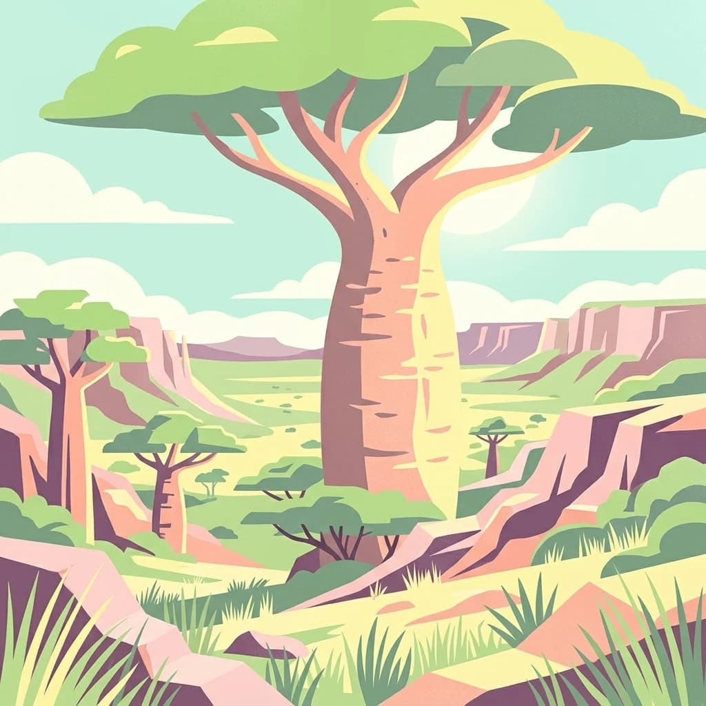 Illustration of savanna landscape featuring large baobab tree, smaller baobabs, rocky outcrops, and grassy terrain under a clear sky