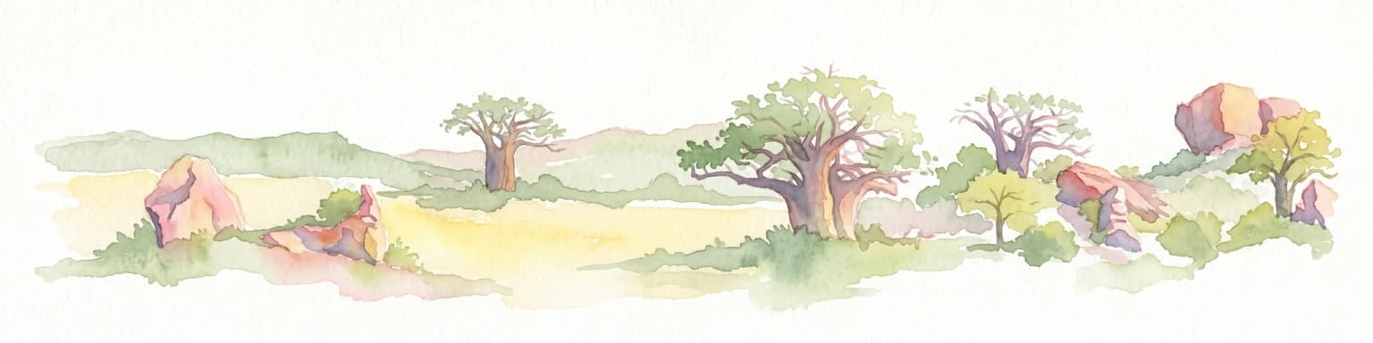 Watercolor illustration of a savanna landscape with scattered trees and rock formations