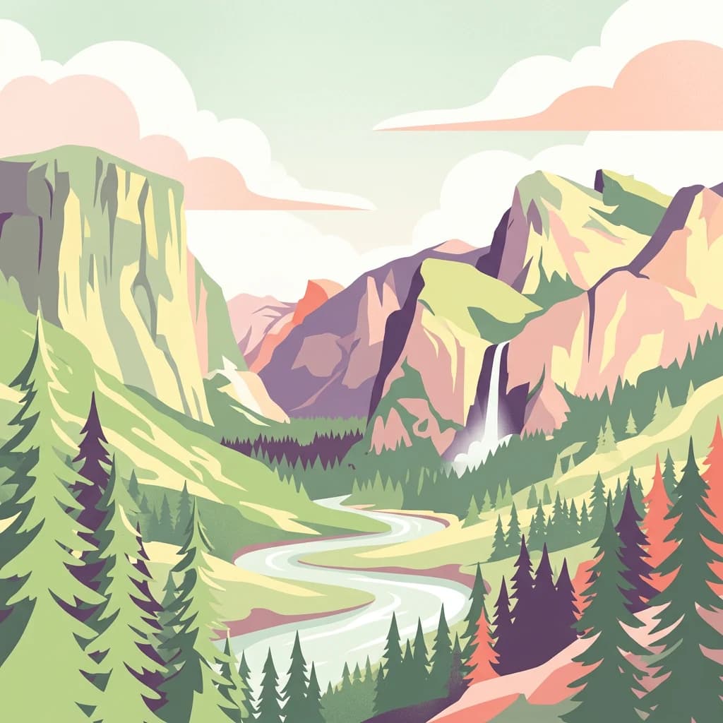 Illustrated landscape with mountains, river, waterfall, and trees under a partly cloudy sky
