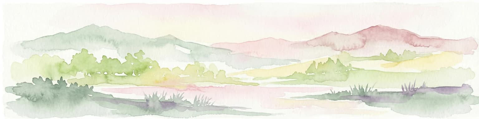 Watercolor illustration of a mountainous landscape with rolling hills, a river, and green vegetation