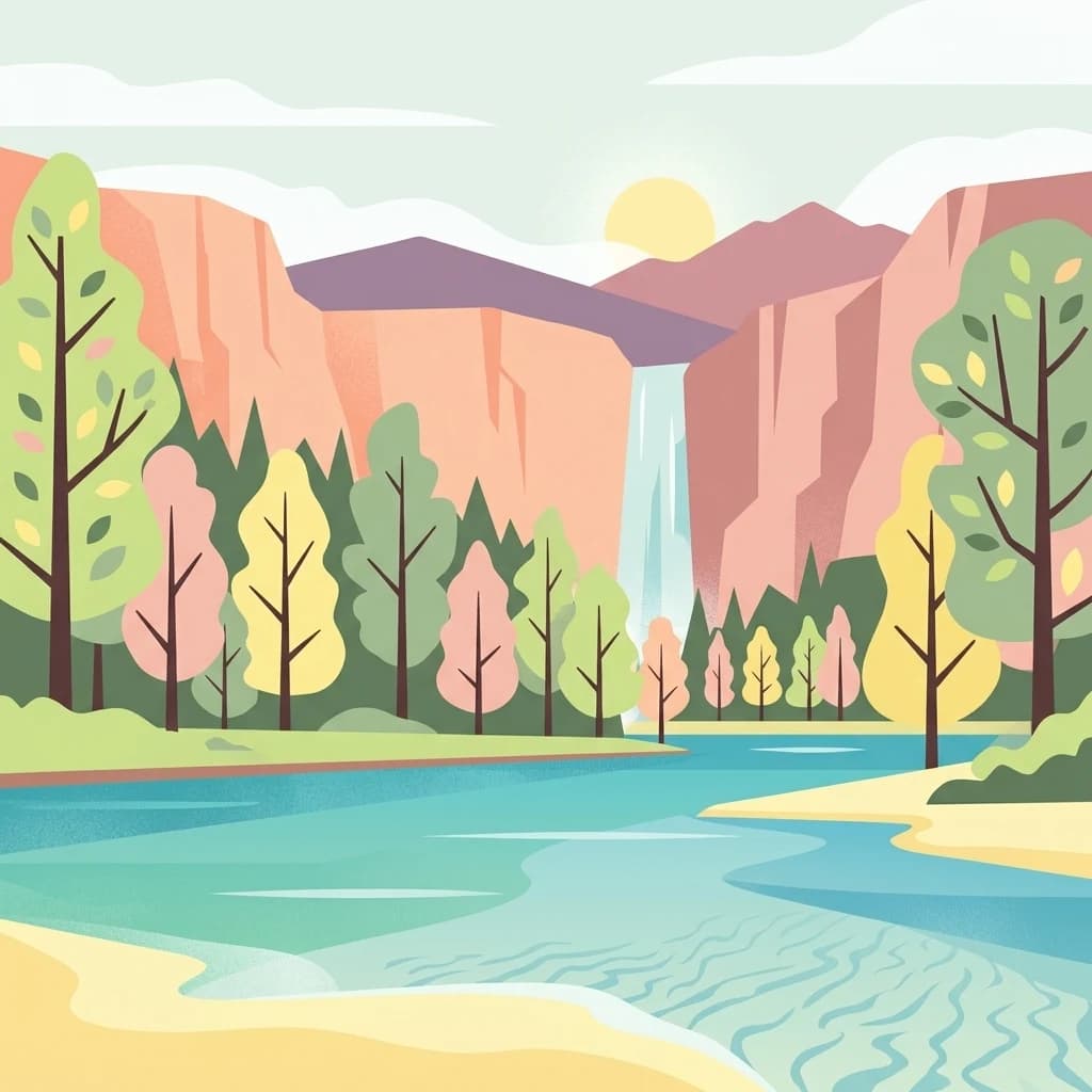 Stylized illustration of a river flowing through a valley with colorful trees, mountains in the background, and a waterfall cascading down a cliff face.