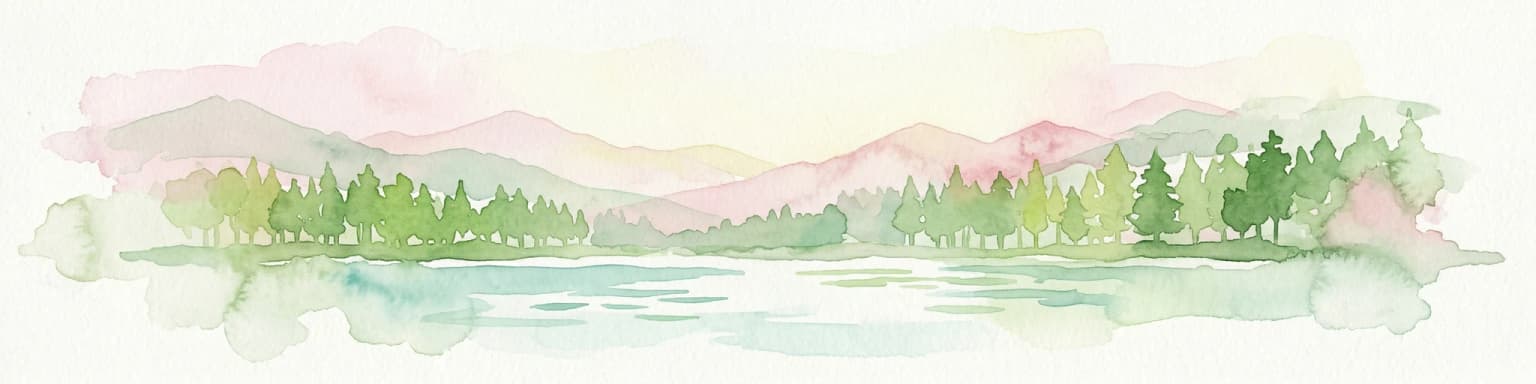 Watercolor illustration showing a lake, forested hills, and mountains in the background