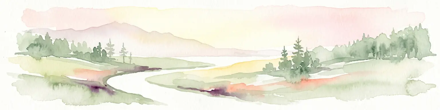 A soft watercolor painting of a serene river winding through a grassy valley toward distant hazy mountains, with evergreen trees dotting the landscape.