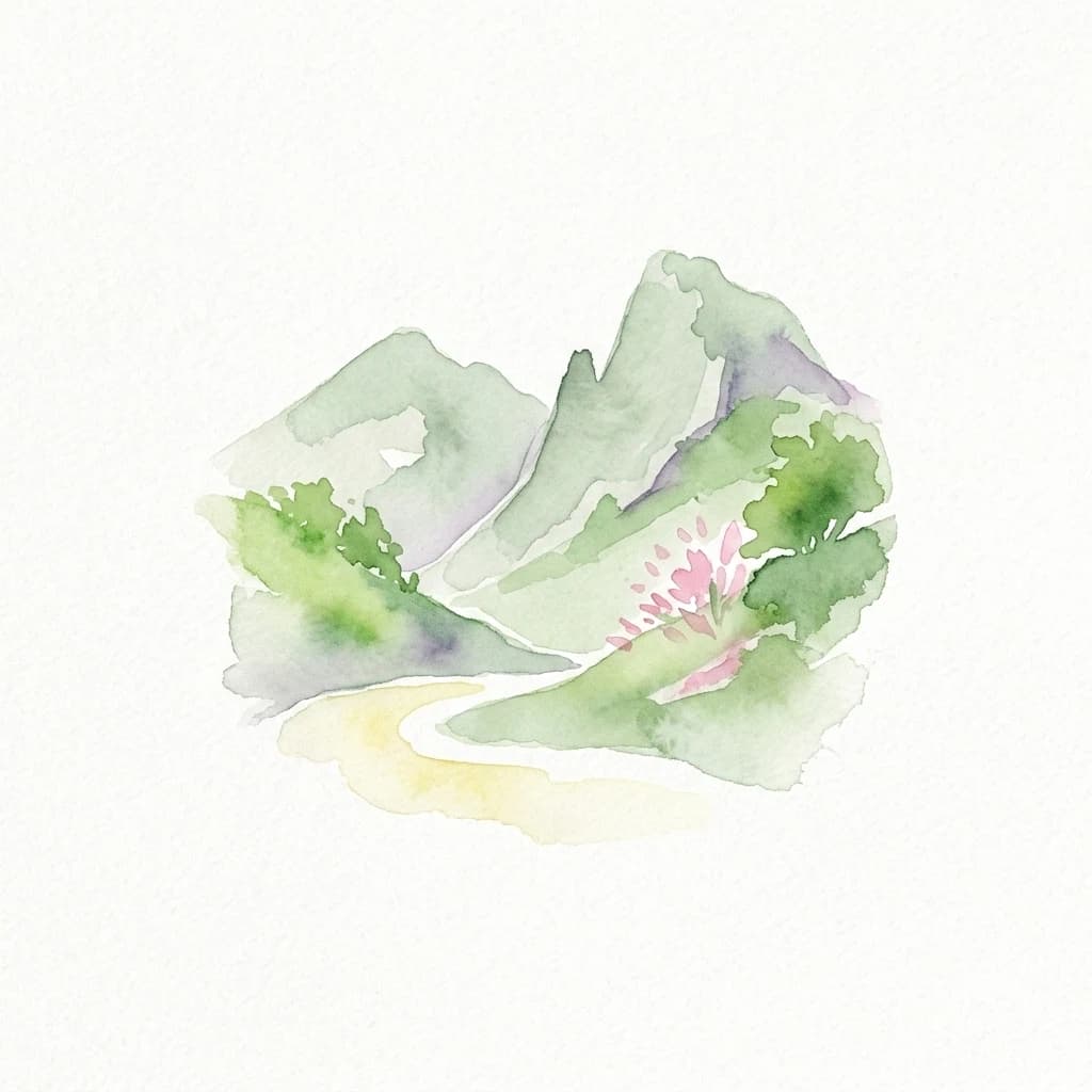 Pintura de acuarela de montañas verdes, un sendero sinuoso, árboles y flores rosas