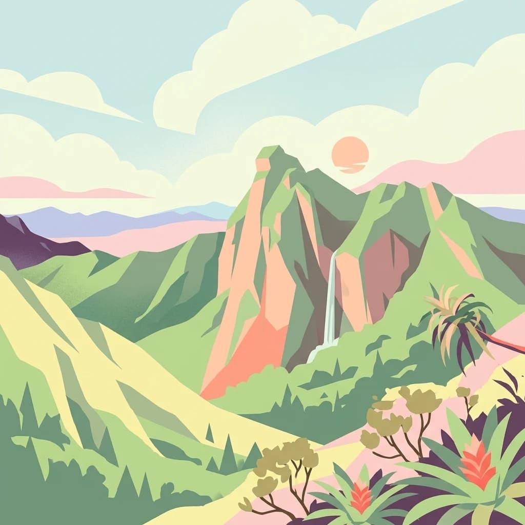 Illustration of green mountains with waterfall, palm trees, and sun in sky