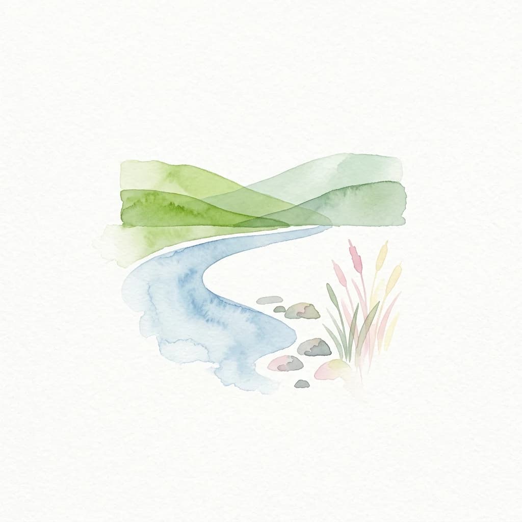 Watercolor illustration of a blue stream winding through green hills with rocks and tall grasses