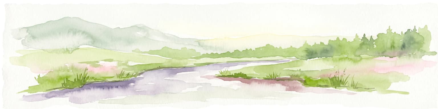 Una ilustración de acuarela de un paisaje que muestra un río serpenteante fluyendo a través de un valle verde y frondoso con colinas distantes.