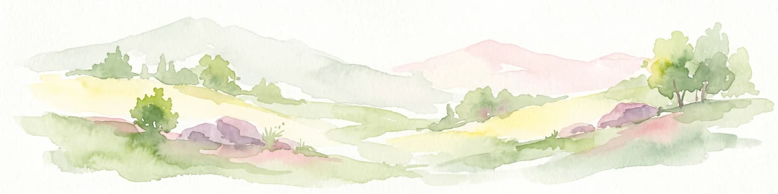 A soft watercolor painting showing a rolling landscape with hills, scattered trees, and rocky outcrops, rendered in pastel greens and pinks.