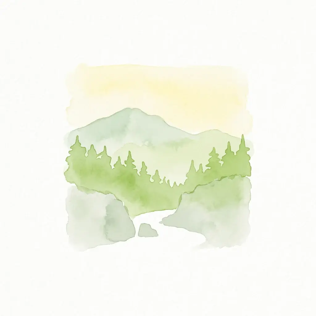 Watercolor illustration of a mountain landscape with green trees and a stream