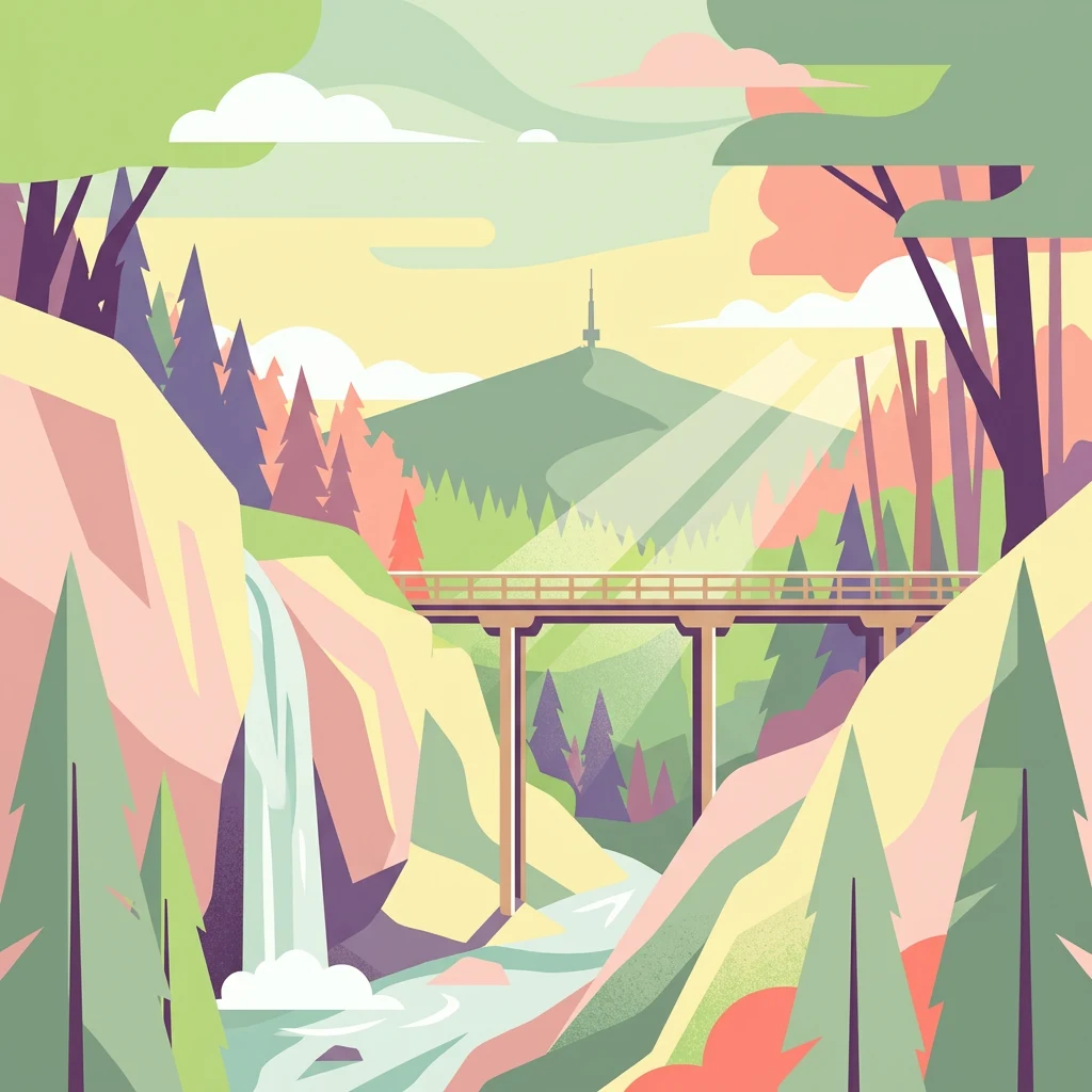 Colorful illustration of a waterfall flowing into a river, with a bridge spanning the stream, surrounded by pine trees and rolling mountains under a bright sky