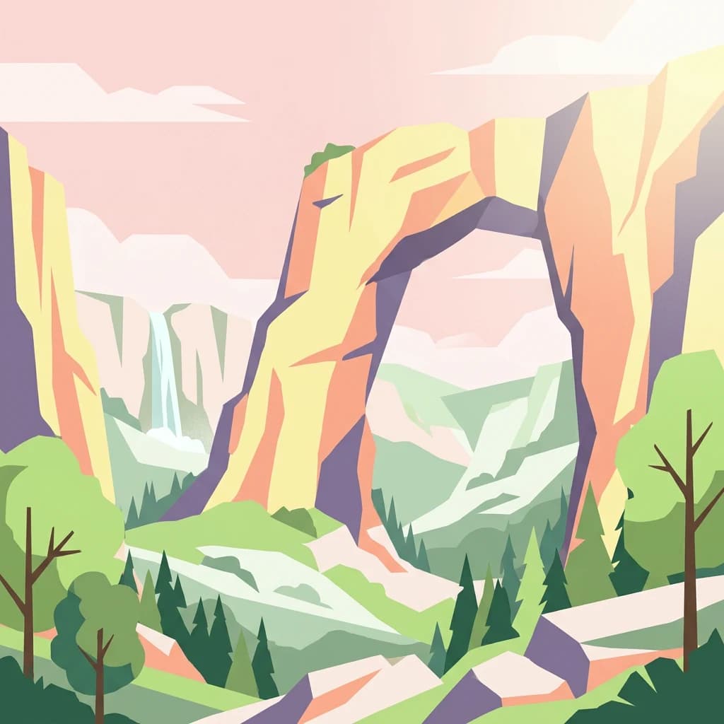 Illustration of a natural rock arch formation surrounded by mountains, forests, and a waterfall