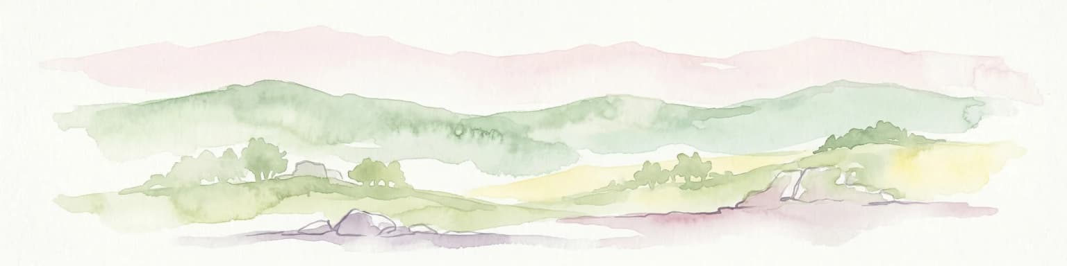 Watercolor illustration showing rolling hills, scattered trees, and a soft pink sky