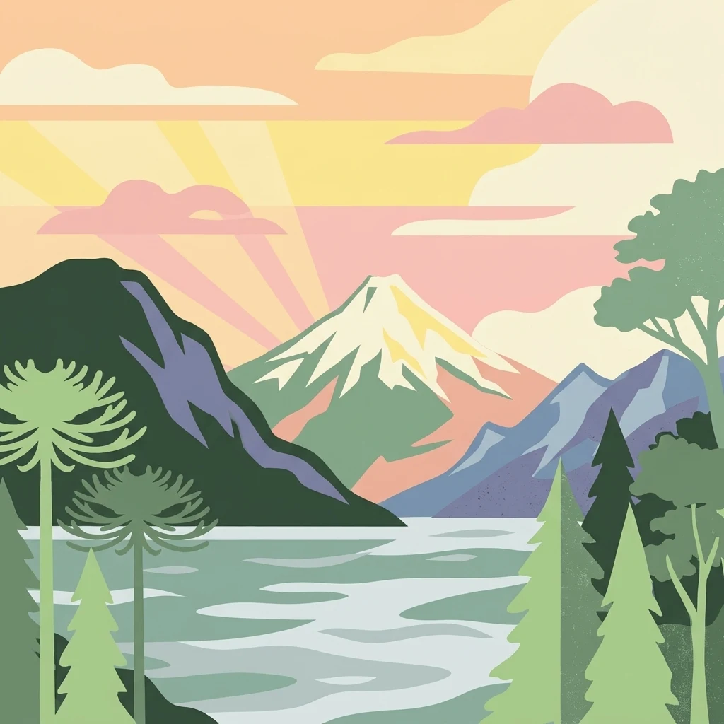 Ilustración estilizada del Parque Nacional Melimoyu que muestra un volcán nevado, un lago, colinas boscosas y un cielo al atardecer con nubes