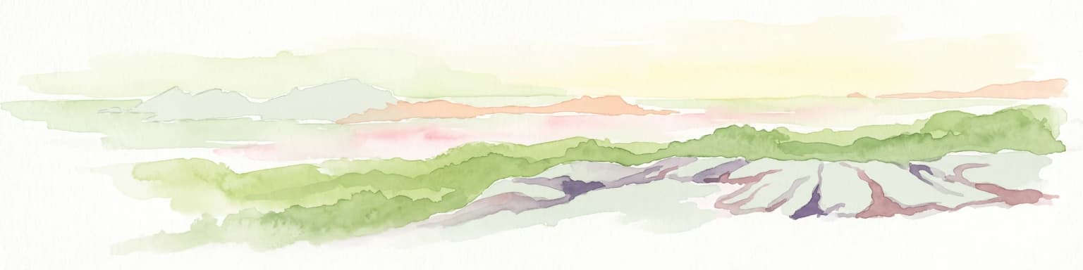 A pale, minimalist watercolor painting showing layers of coastal hills, greenery, and dunes fading into a distant, hazy horizon.