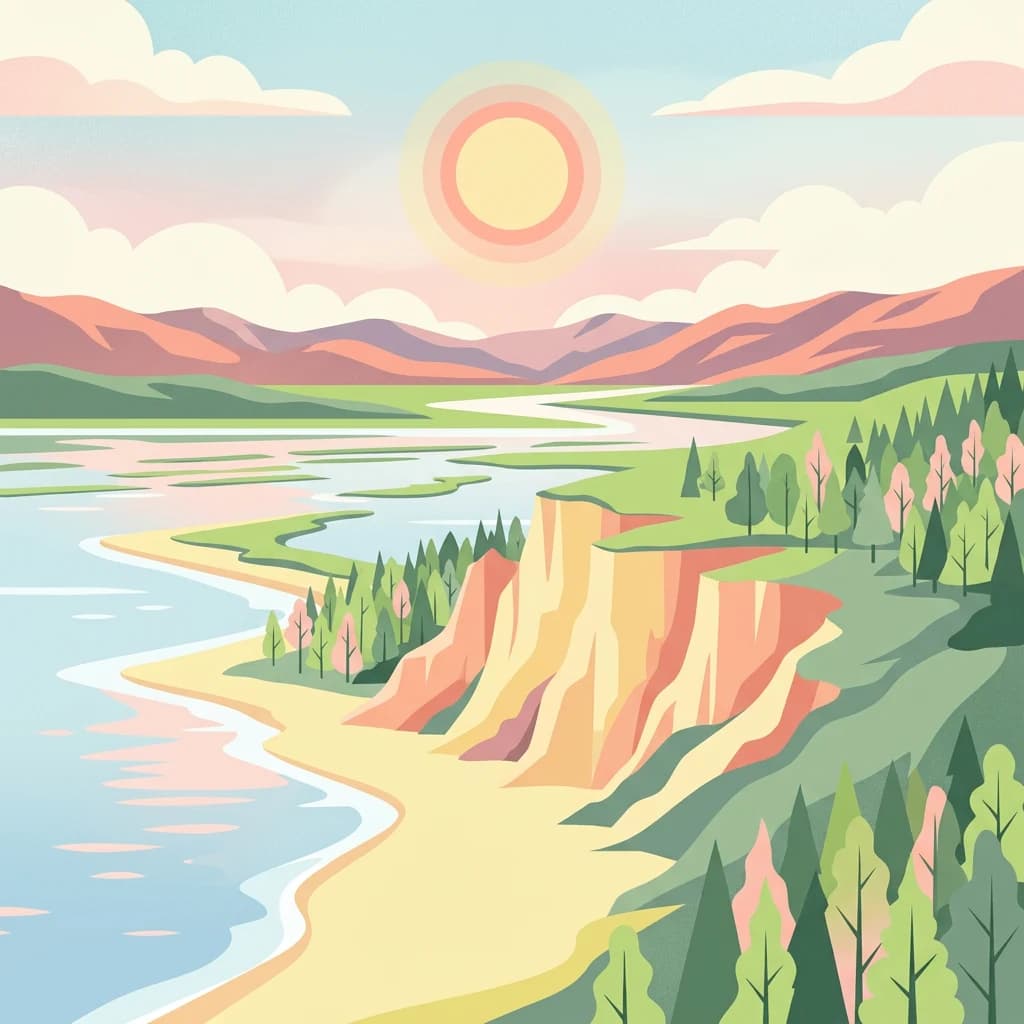 Stylized illustration of a coastal scene with cliffs, sandy beach, calm water, green forests, and mountains under a sunny sky