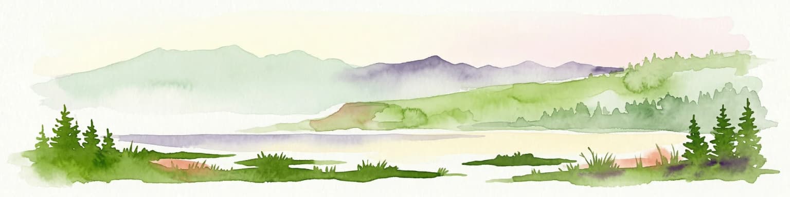 Watercolor painting of a coastal scene with green hills, trees, and a body of water