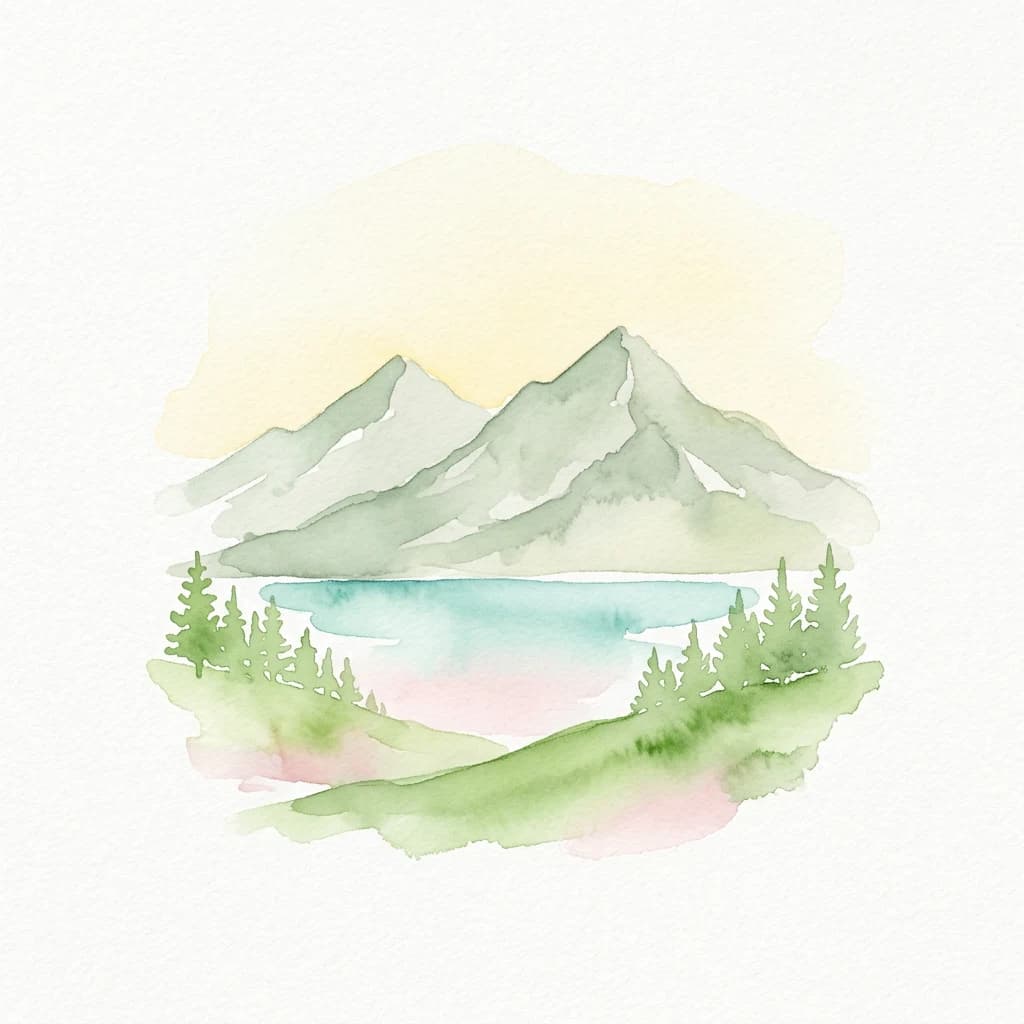 Watercolor painting of mountains, a lake, and pine trees