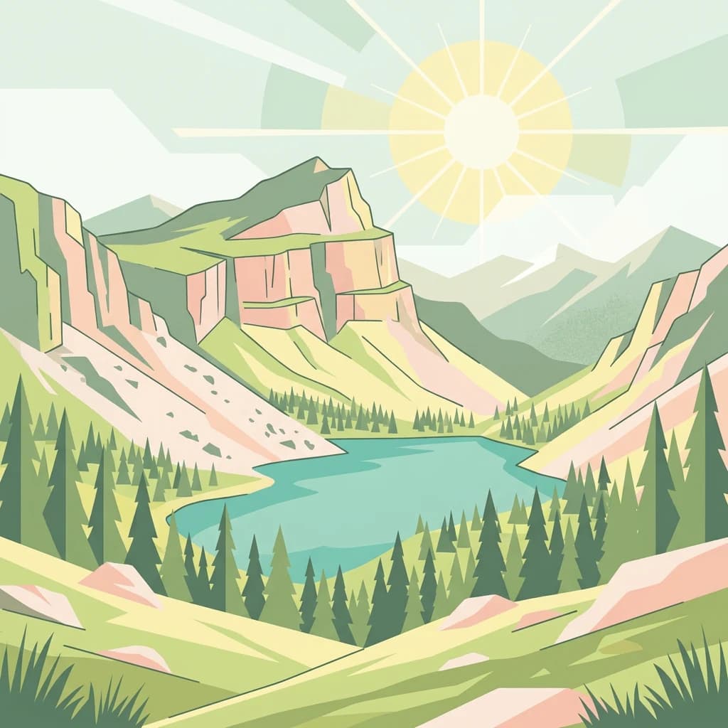 Stylized illustration of a mountain lake surrounded by forests and rocky cliffs under a sunburst sky