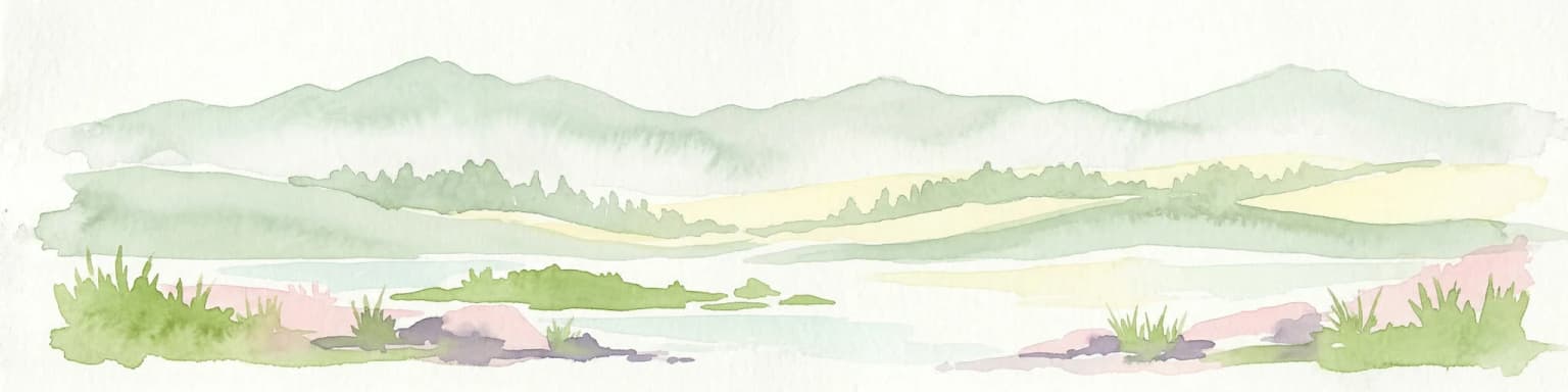 Watercolor illustration of a mountainous landscape featuring a river, rolling hills, and green vegetation