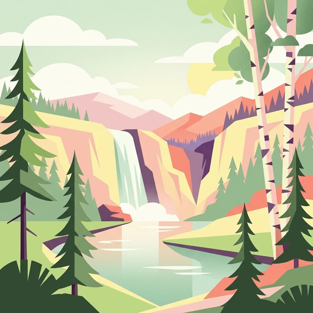 Illustrated scene featuring a waterfall, surrounding trees, mountains, and a lake under a partly cloudy sky