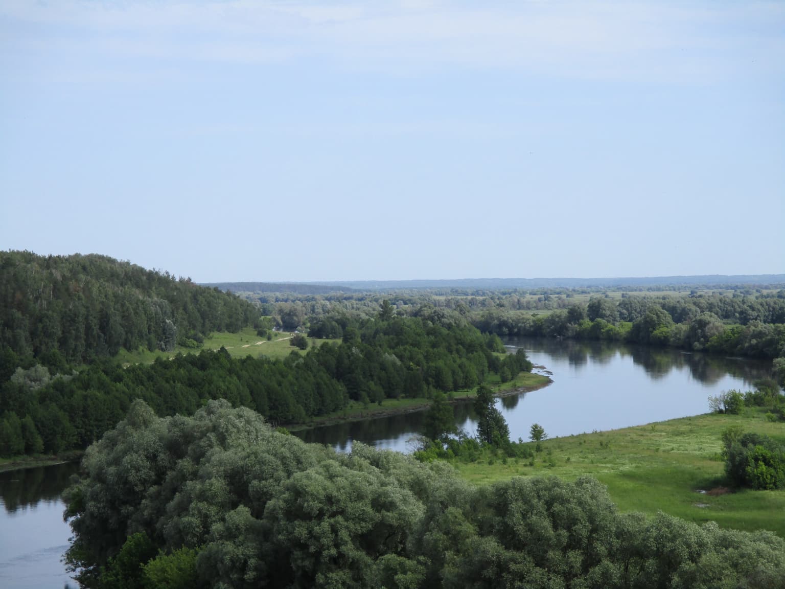 Panoramic landscape of the Desna River with dense green forests and open meadows under a clear sky