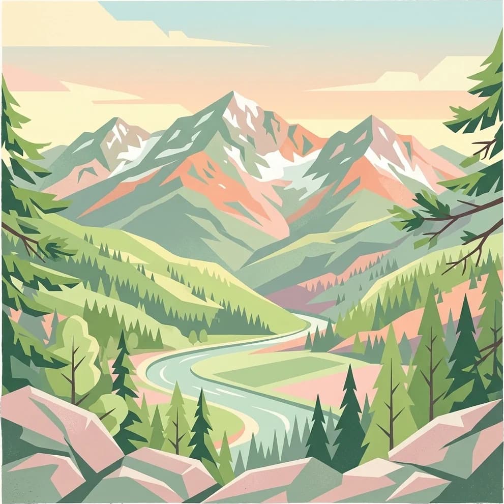 Illustration of mountains with snow-capped peaks, a winding river through a valley, and dense forests with rocky foreground