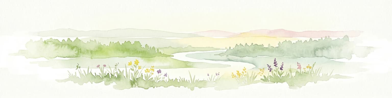 Watercolor illustration showing a winding river through a grassy field with wildflowers and distant hills under a soft sky
