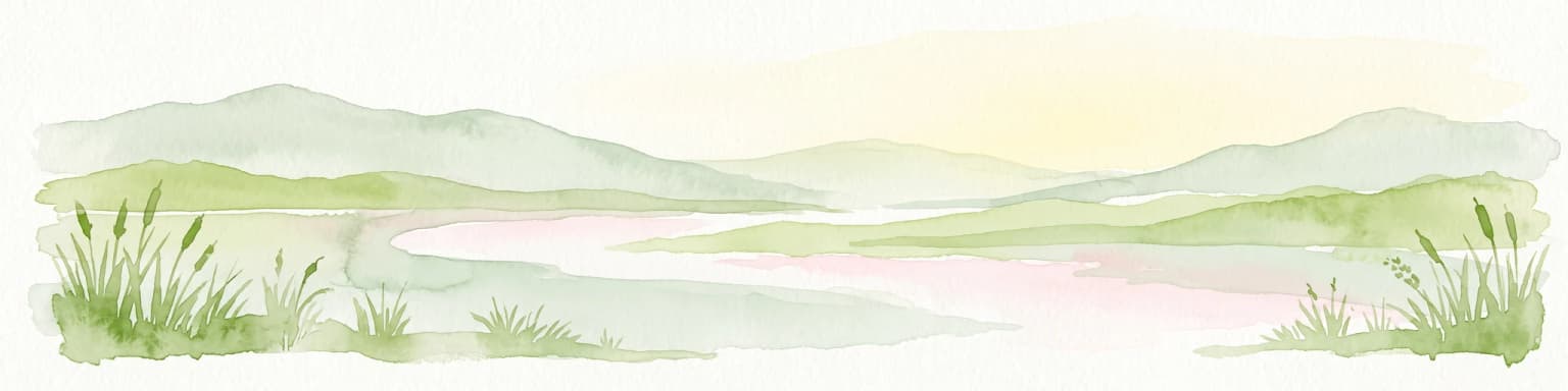 A watercolor painting showing a wide, panoramic view of a soft, green prairie landscape with rolling hills in the background and grassy reeds in the foreground.