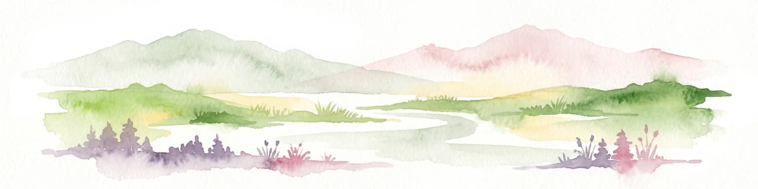 Una pintura a la acuarela que muestra un paisaje suave y estilizado de colinas onduladas, una masa de agua central y pequeños arbustos en primer plano, todo ello sobre un fondo blanco.